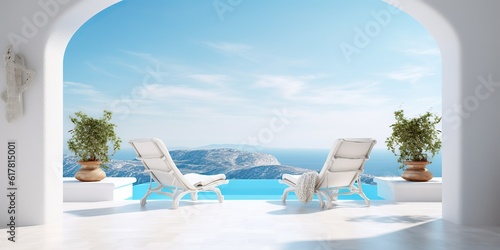 AI Generated. AI Generative. Vacation relax adventure vibe. Two white wood chair at pool ocean hotel villa. Blue and white colors. Graphic Art