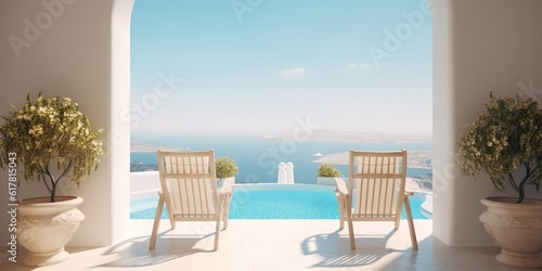 AI Generated. AI Generative. Vacation relax adventure vibe. Two white wood chair at pool ocean hotel villa. Blue and white colors. Graphic Art © AkimD