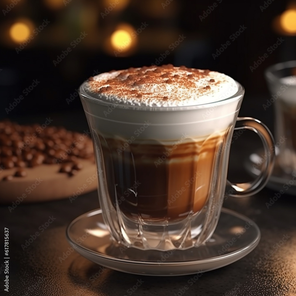 Cappuccino coffee is served on the table using a transparent glass cup. Show the layer of the drink. Cappuccino coffee is served on the table using a transparent glass cup. Show the layer of the drink.