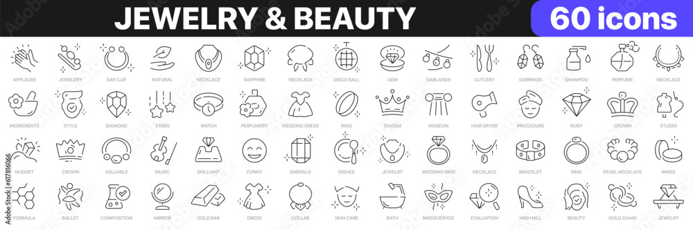 Obraz premium Jewelry and beauty line icons collection. Diamond, necklace, clothes, crown, fashion icons. UI icon set. Thin outline icons pack. Vector illustration EPS10