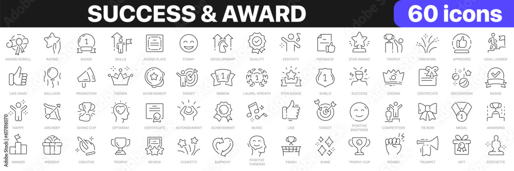 Success and award line icons collection. Development, target, trophy, feedback icons. UI icon set. Thin outline icons pack. Vector illustration EPS10 Success and award line icons collection. Development, target, trophy, feedback icons. UI icon set. Thin outline icons pack. Vector illustration EPS10