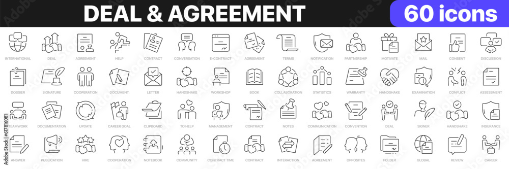Deal and agreement line icons collection. Handshake, teamwork, business, communication, collaboration icons. UI icon set. Thin outline icons pack. Vector illustration EPS10 Deal and agreement line icons collection. Handshake, teamwork, business, communication, collaboration icons. UI icon set. Thin outline icons pack. Vector illustration EPS10