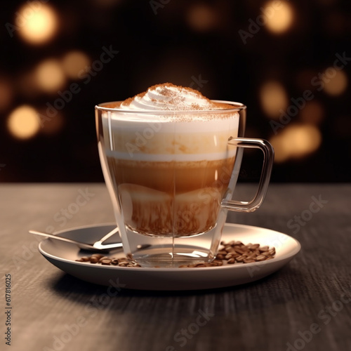 Cappuccino coffee is served on the table using a transparent glass cup. Show the layer of the drink.