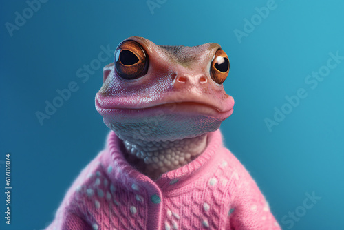 Generative ai template collage of bizarre person with frog head wear shopping pink sweater on blue background