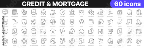 Credit and mortgage line icons collection. Loan, banking, money, calculation icons. UI icon set. Thin outline icons pack. Vector illustration EPS10