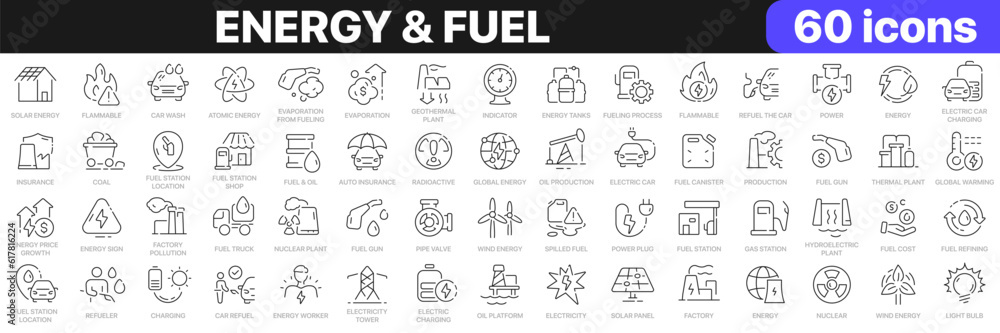 Energy and fuel line icons collection. Power, fuel station, charging, car icons. UI icon set. Thin outline icons pack. Vector illustration EPS10 Energy and fuel line icons collection. Power, fuel station, charging, car icons. UI icon set. Thin outline icons pack. Vector illustration EPS10