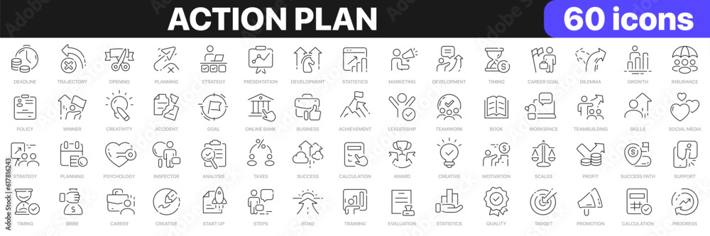 Action plan line icons collection. Business, strategy, startup, steps, target icons. UI icon set. Thin outline icons pack. Vector illustration EPS10 Action plan line icons collection. Business, strategy, startup, steps, target icons. UI icon set. Thin outline icons pack. Vector illustration EPS10