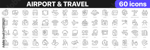 Airport and travel line icons collection. Flight, vacation, ticket icons. UI icon set. Thin outline icons pack. Vector illustration EPS10