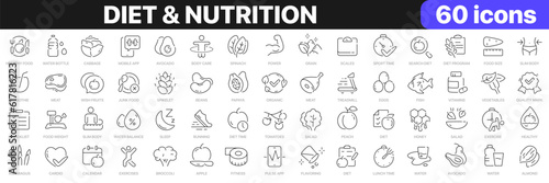 Diet and nutrition line icons collection. Sport, food, fitness, fruits, vegetables icons. UI icon set. Thin outline icons pack. Vector illustration EPS10