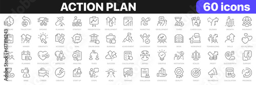 Action plan line icons collection. Business, strategy, startup, steps, target icons. UI icon set. Thin outline icons pack. Vector illustration EPS10