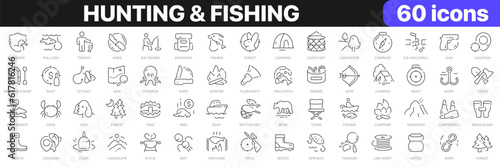 Hunting and fishing line icons collection. Camping, animal, fish, nature, landscape icons. UI icon set. Thin outline icons pack. Vector illustration EPS10