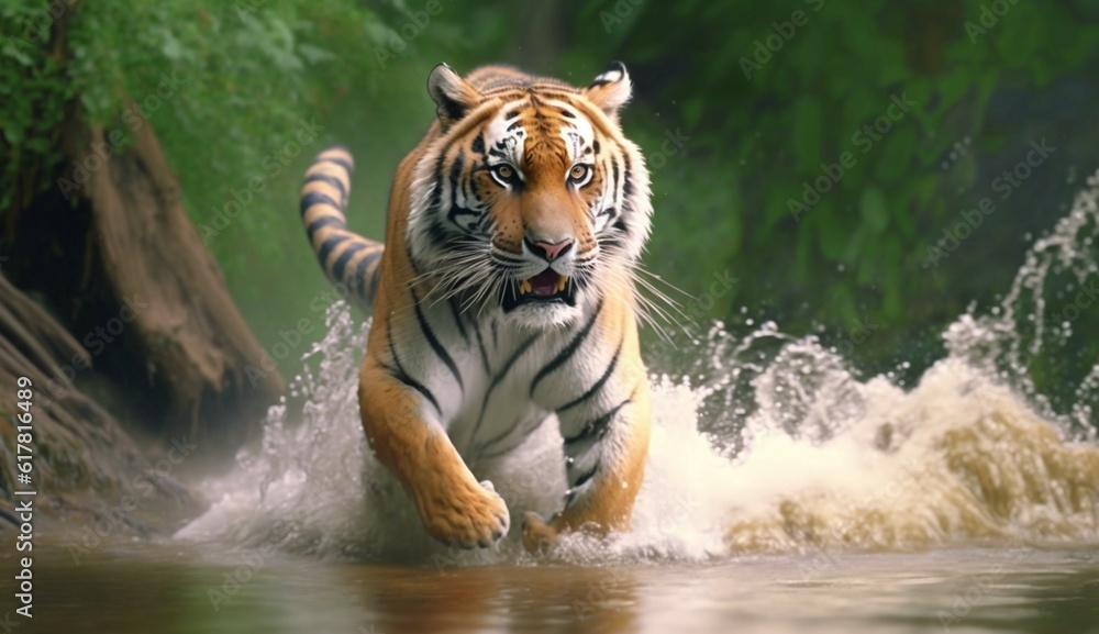 Amur tiger playing in the water Siberia. Dangerous ani.Generative AI