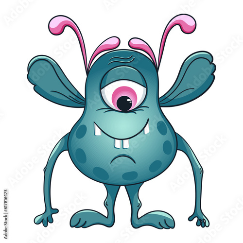 Cheerful isolated blue monster with pink eyes and eyebrows. A cartoon made-up character. The funny alien. Funny gremlin. 