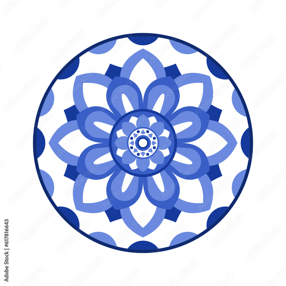 Porcelain plate with traditional blue on white design in Asian style. design pattern for background, plate, dish, bowl, lid, tray, salver, vector illustration art embroidery. mandala ornament plate.