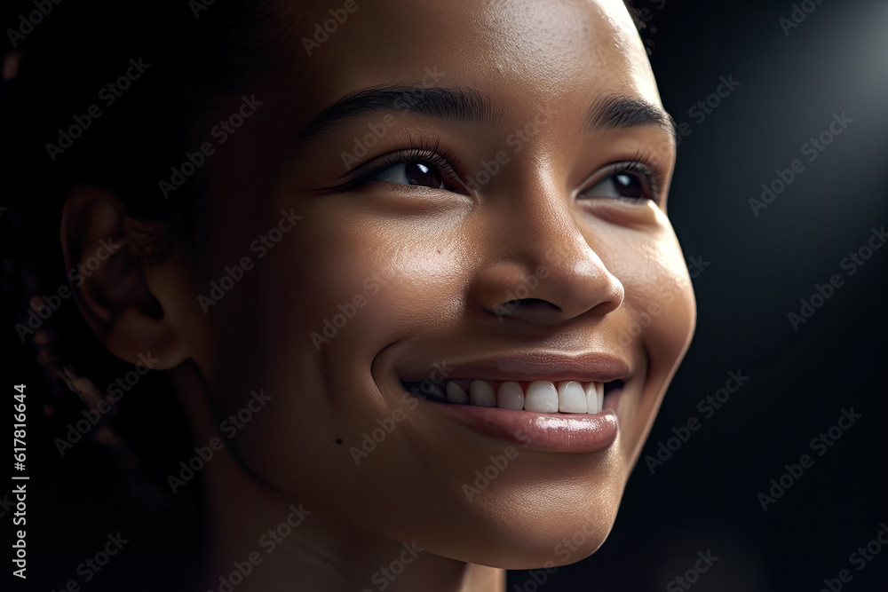 Generative AI illustration of closeup of young African American woman face with perfect skin smiling and looking away against black background Generative AI illustration of closeup of young African American woman face with perfect skin smiling and looking away against black background