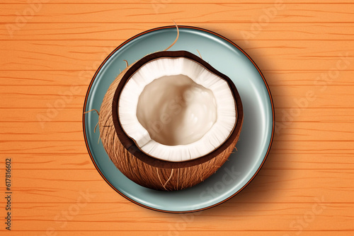 Juicy delicious coconut lies on a beautiful plate, Ai generated
