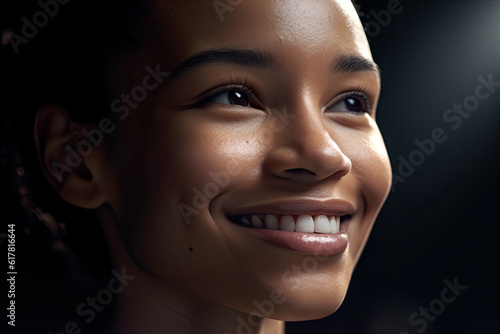 Generative AI illustration of closeup of young African American woman face with perfect skin smiling and looking away against black background photo