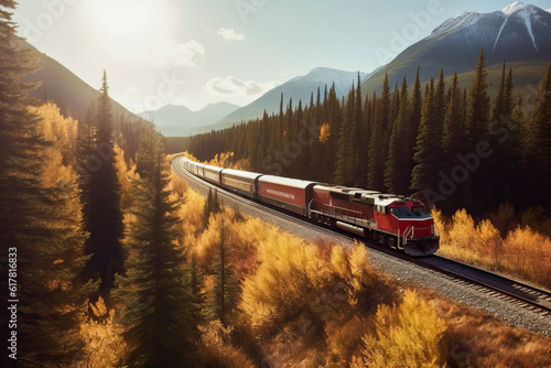 Generative AI illustration of modern train driving on railroad tracks between coniferous trees and mountains under sky during summer day photo