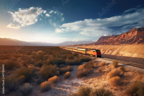 Generative AI illustration of long train moving on railroad tracks near picturesque mountains landscape against cloudy sky photo