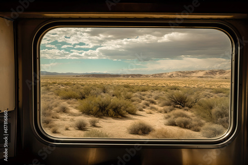 Generative AI illustration of picturesque scenery with green plants in countryside under cloudy sky through window of train
