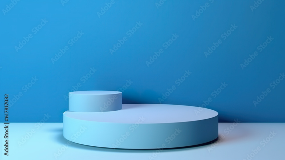 Blue and white round podium on blue, monochromatic. Product podium for product showcase. Generative AI. Blue and white round podium on blue, monochromatic. Product podium for product showcase. Generative AI.