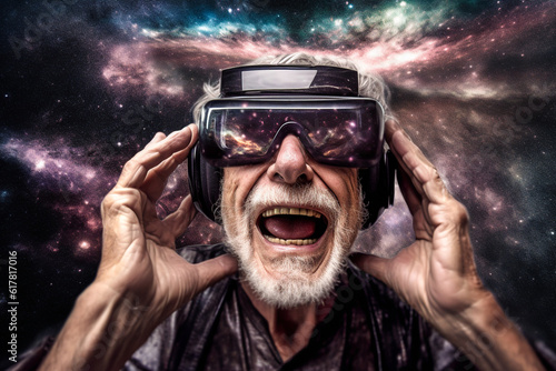 Generative AI illustration of senior bearded man in futuristic VR headset screaming in amazement against galaxy photo