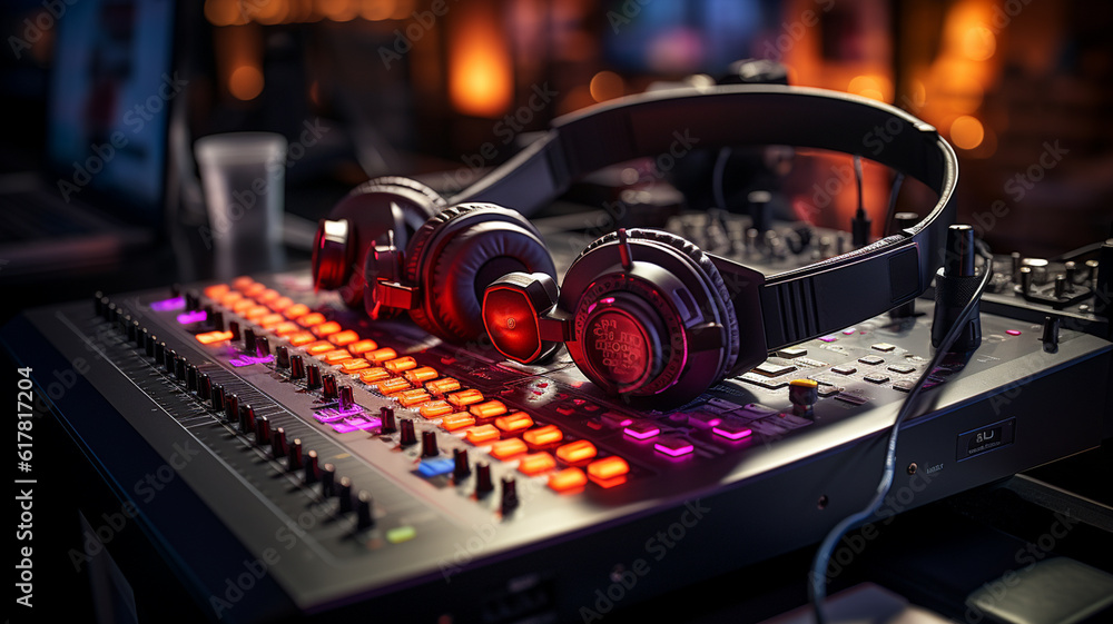 Fototapeta premium Dj mixer in nightclub, close-up, shallow depth of field.generative ai