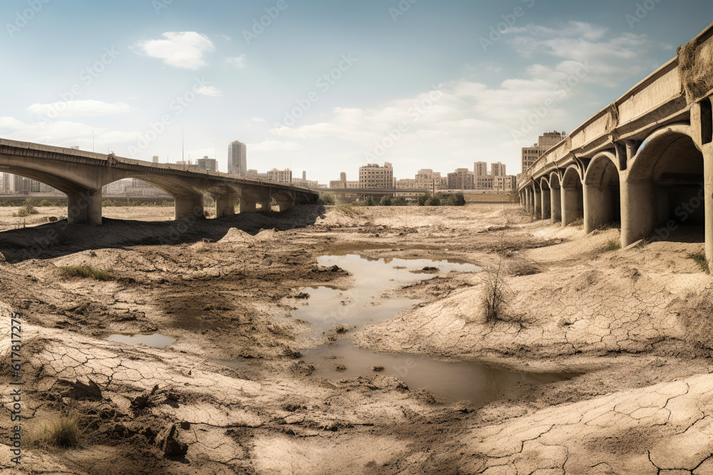 © ADDICTIVE STOCK - Generative AI illustration of dried river with puddles of water bottom in post apocalyptic city with damaged buildings