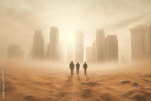 Generative AI illustration of rangers walking in desert with abandoned skyscrapers of city after apocalypse photo