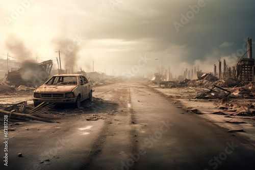 Generative AI illustration of post apocalyptic scenery with damaged car and smoking city in clouds photo