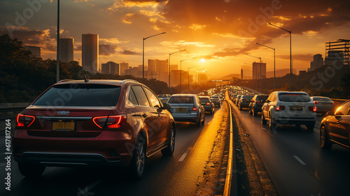 Traffic jam in the city at sunset,generative ai © Aghavni
