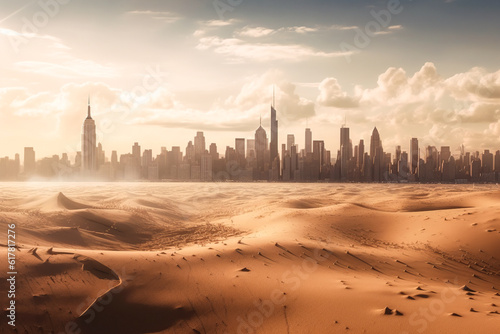 Generative AI illustration of deserted megapolis with sandy dunes after apocalyptic disaster