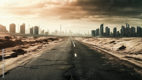 Generative AI illustration of post apocalyptic scenery with damaged and smoking city in clouds