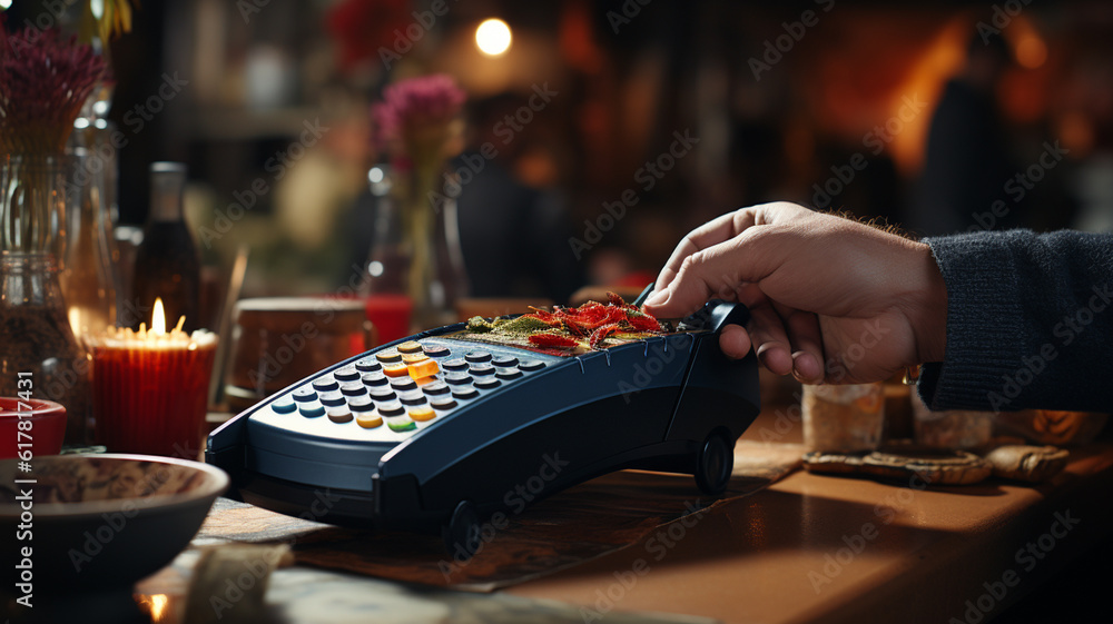 Fototapeta premium Man using POS terminal in bar, closeup. Electronic payment concept.generative ai