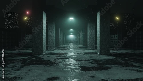 Long Old Tunnel In The Rain Leading To The City. Mysterious Horror Atmosphere Without People. Industrial Style. Fashion Render Design Banners. 4K Loop. Concept Stock Video. Seamless 3D Animation