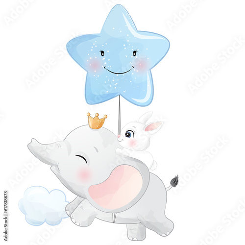 Cute elephant and rabbit flying with star balloon watercolor illustration