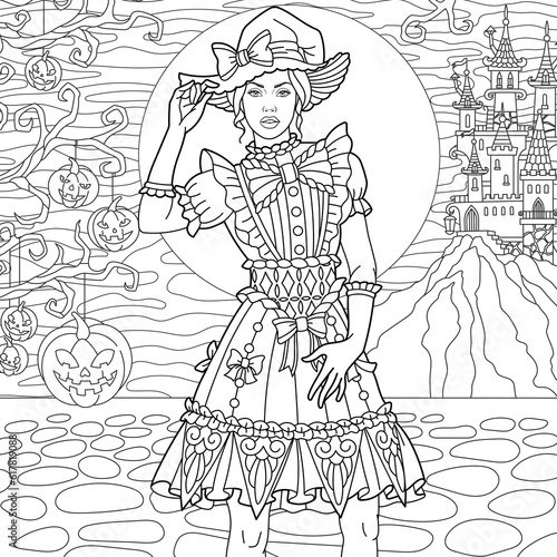 Beautiful girl and Halloween pumpkins, spooky castle and full moon on the background. Adult coloring book page with intricate ornament.