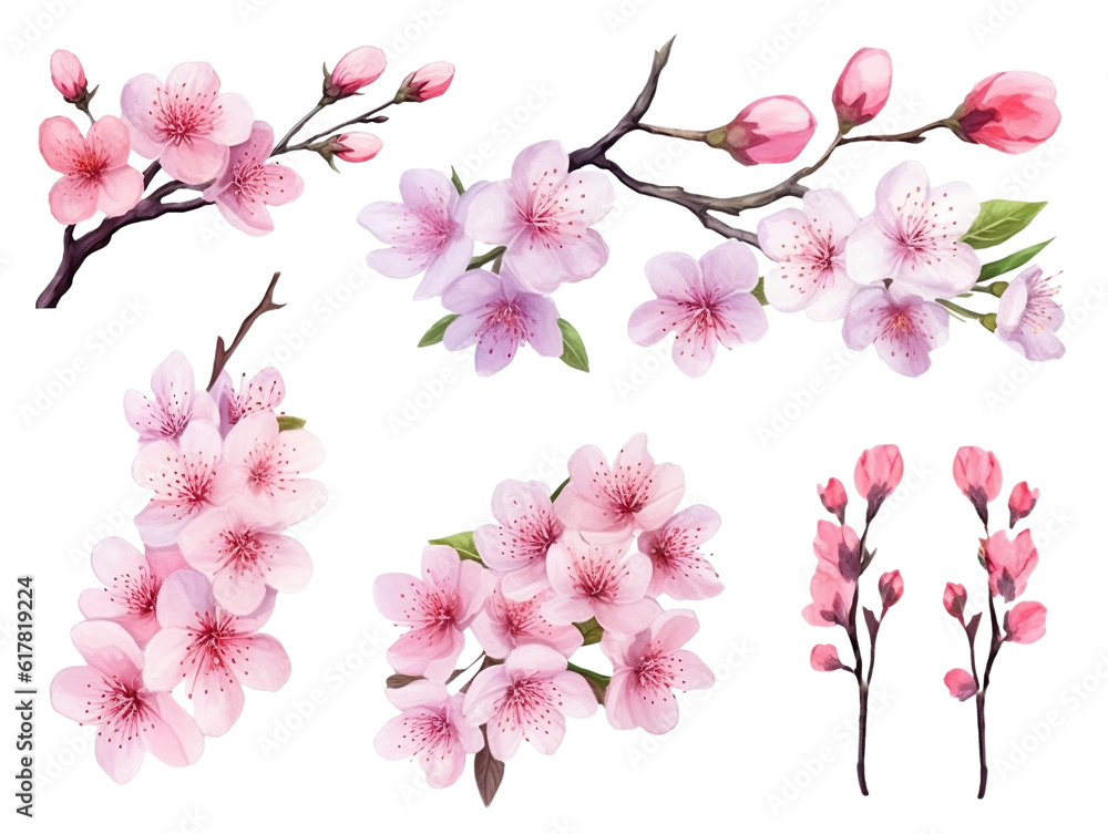 Cherry blossom branches. Japanese blooming trees, sakura flowers spring decor hand paint illustration set. Generative AI Cherry blossom branches. Japanese blooming trees, sakura flowers spring decor hand paint illustration set. Generative AI