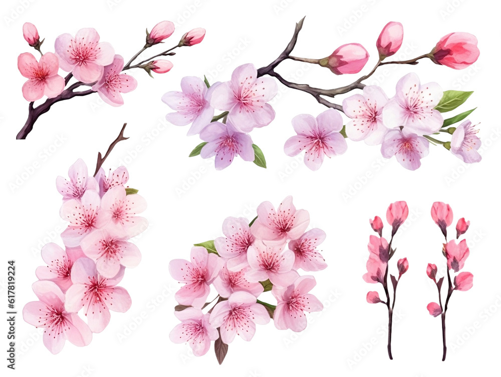 Cherry blossom branches. Japanese blooming trees, sakura flowers spring decor hand paint illustration set. Generative AI