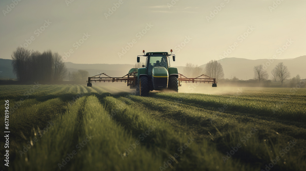 Fototapeta premium Tractor spraying pesticides fertilizer on soybean crops farm field in spring evening. Smart Farming Technology and Sustainable Advanced Agriculture Practices. generative ai