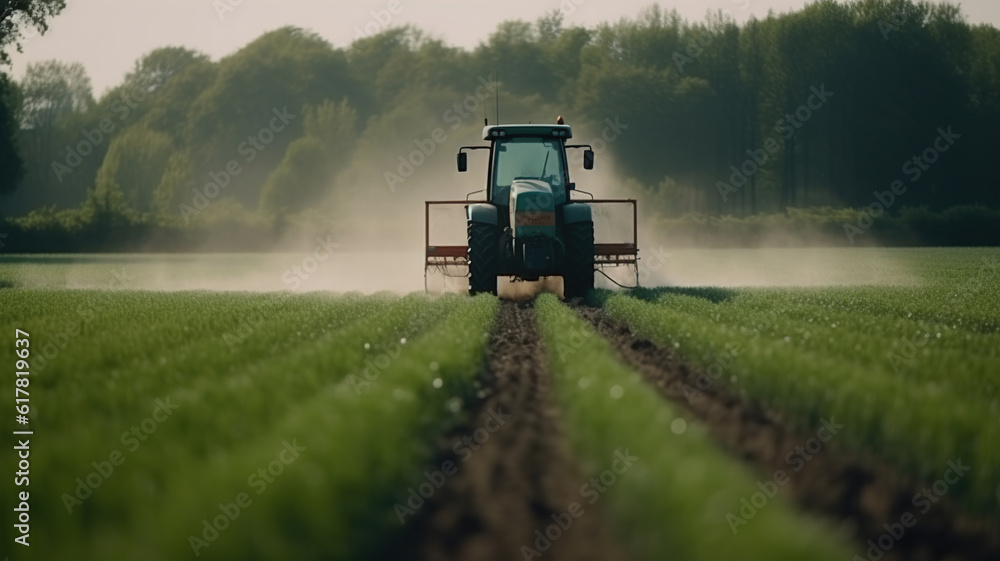 Fototapeta premium Tractor spraying pesticides fertilizer on soybean crops farm field in spring evening. Smart Farming Technology and Sustainable Advanced Agriculture Practices. generative ai