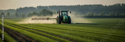 Tractor spraying pesticides fertilizer on soybean crops farm field in spring evening. Smart Farming Technology and Sustainable Advanced Agriculture Practices. generative ai photo
