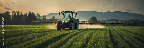 Tractor spraying pesticides fertilizer on soybean crops farm field in spring evening. Smart Farming Technology and Sustainable Advanced Agriculture Practices. generative ai