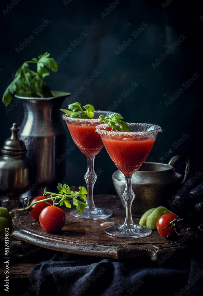 Bloody Mary cocktail on dark stone background. Cocktail with tomatoes and basil on rustic background. Generative AI Bloody Mary cocktail on dark stone background. Cocktail with tomatoes and basil on rustic background. Generative AI