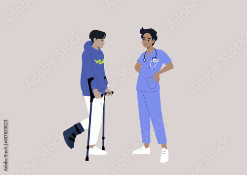 A young character with a fractured leg using crutches and hard shell boot to walk, a checkup appointment with a doctor