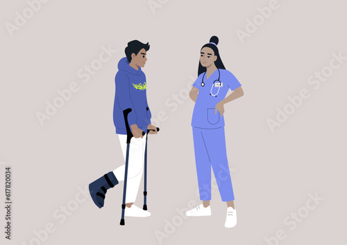 A young character with a fractured leg using crutches and hard shell boot to walk, a checkup appointment with a doctor