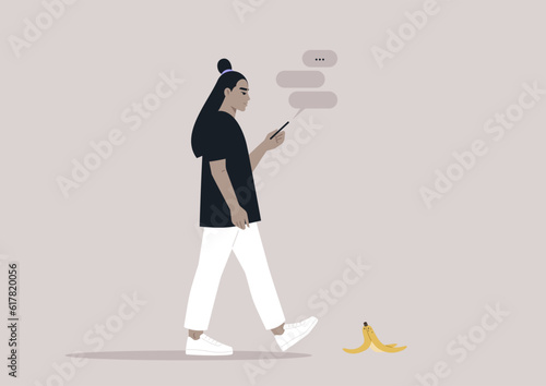 Young female Asian character addicted to their smartphone ignoring a banana peel on their way