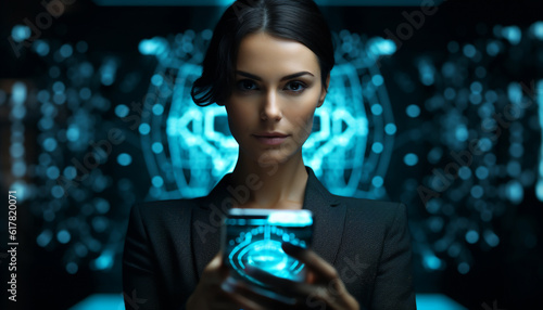 a businesswoman is holding up a smart phone on its hand, in the style of robotic motifs, dark black and light azure, strong facial expression, bokeh, use of paper, back button focus
