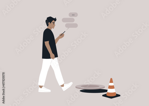 A young male Caucasian character addicted to their smartphone ignoring an open canalization hatch on their way