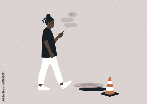 A young female African character addicted to their smartphone ignoring an open canalization hatch on their way